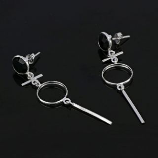 925 Sterling Silver earrings rhodium plated with round black onyx and geometric elements - 