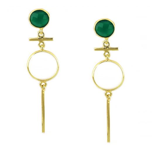 925 Sterling Silver earrings gold plated with round green onyx and geometric elements