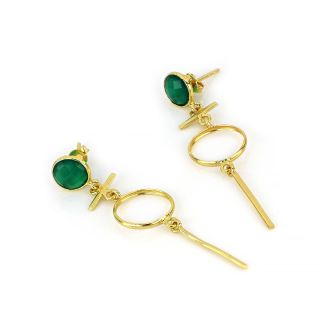 925 Sterling Silver earrings gold plated with round green onyx and geometric elements - 