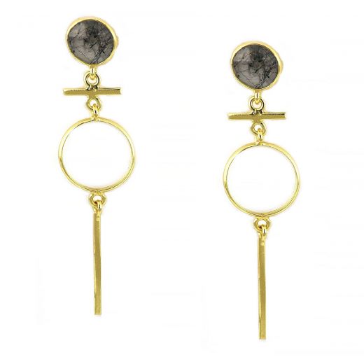 925 Sterling Silver earrings gold plated with round black rutile and geometric elements