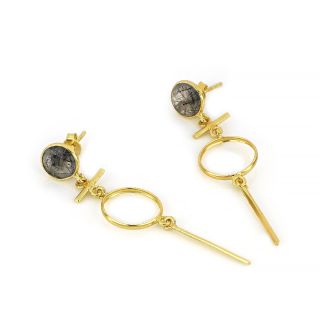 925 Sterling Silver earrings gold plated with round black rutile and geometric elements - 