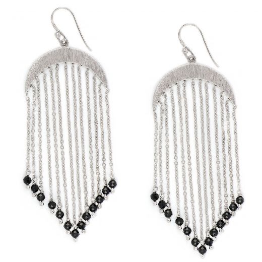 925 Sterling Silver earrings rhodium plated with chains and black spinel