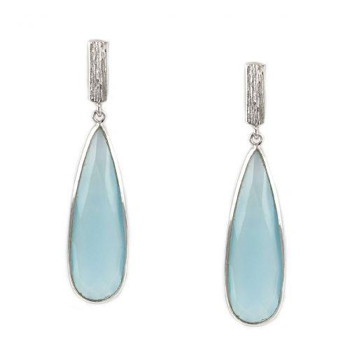 925 Sterling Silver earrings rhodium plated with aqua chalcedony in drop shape