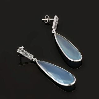 925 Sterling Silver earrings rhodium plated with aqua chalcedony in drop shape - 