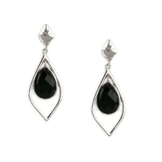 925 Sterling Silver earrings rhodium plated with black onyx in drop shape