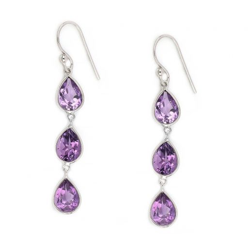 925 Sterling Silver earrings rhodium plated with three stones of amethyst in drop shape