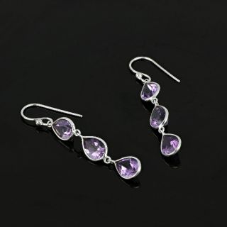 925 Sterling Silver earrings rhodium plated with three stones of amethyst in drop shape - 