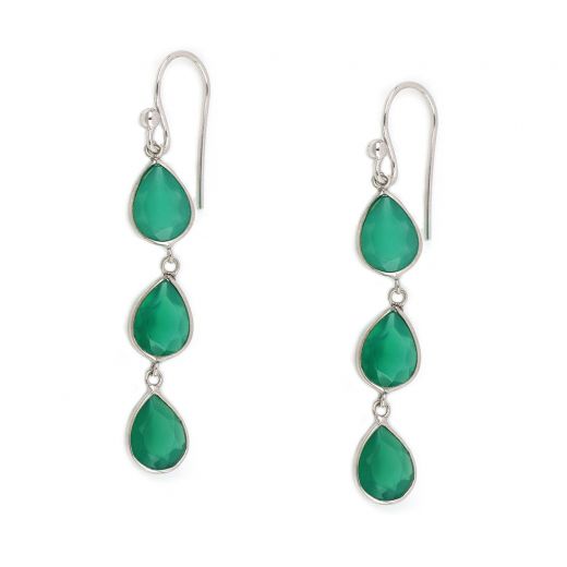 925 Sterling Silver earrings rhodium plated with three stones of green onyx in drop shape