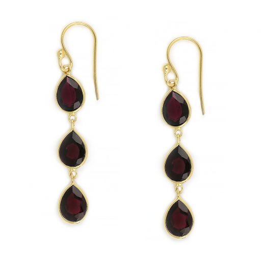 925 Sterling Silver earrings gold plated with three stones of garnet in drop shape