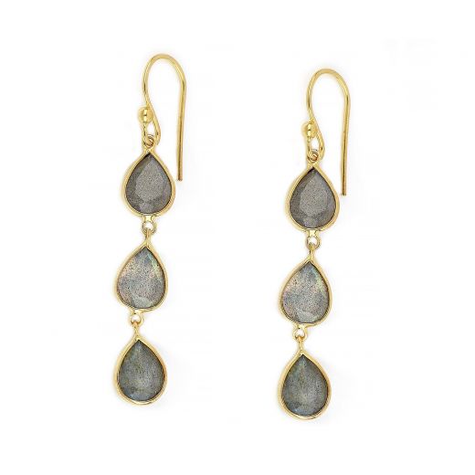 925 Sterling Silver earrings gold plated with three stones of labradorite in drop shape
