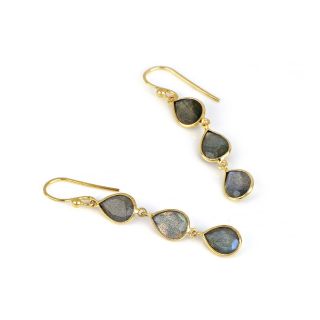925 Sterling Silver earrings gold plated with three stones of labradorite in drop shape - 