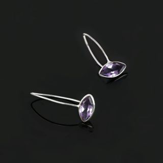 925 Sterling Silver earrings rhodium plated with amethyst in navette shape - 