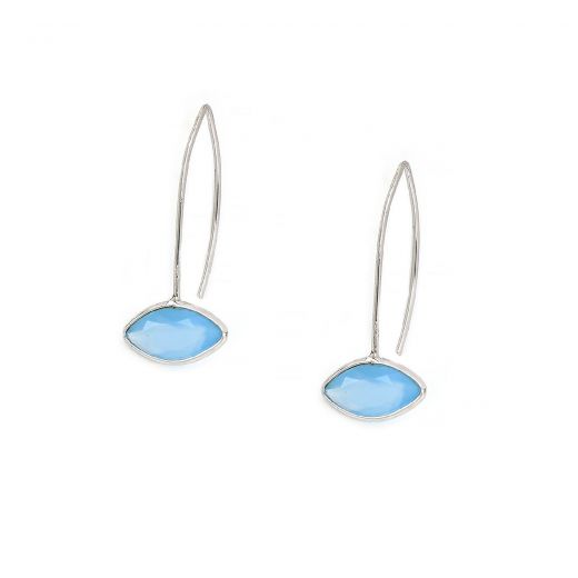 925 Sterling Silver earrings rhodium plated with blue chalcedony in navette shape
