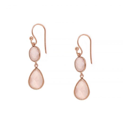 925 Sterling Silver earrings rose gold plated with two stones of rose quartz, in oval and drop shape