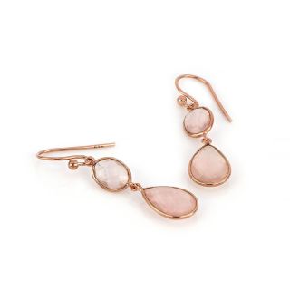 925 Sterling Silver earrings rose gold plated with two stones of rose quartz, in oval and drop shape - 