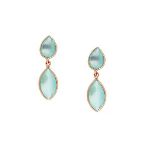 925 Sterling Silver earrings rose gold plated with two stones of aqua chalcedony in drop and navette shape