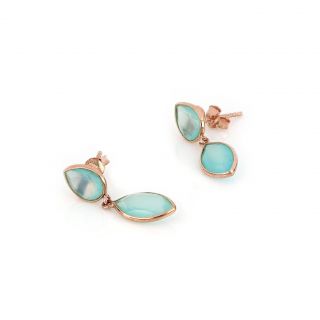 925 Sterling Silver earrings rose gold plated with two stones of aqua chalcedony in drop and navette shape - 