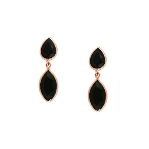 925 Sterling Silver earrings rose gold plated with two black onyx stones in drop and navette shape