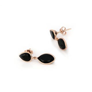 925 Sterling Silver earrings rose gold plated with two black onyx stones in drop and navette shape - 