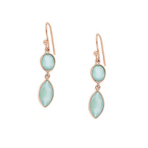 925 Sterling Silver earrings rose gold plated with two stones of aqua chalcedony in oval and navette shape