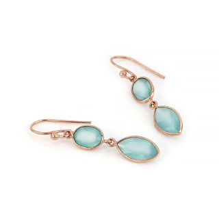 925 Sterling Silver earrings rose gold plated with two stones of aqua chalcedony in oval and navette shape - 