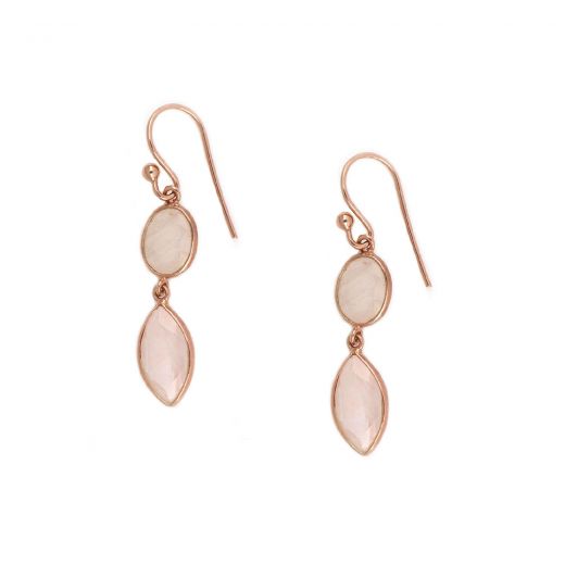 925 Sterling Silver earrings rose gold plated with two stones of rose quartz in oval and navette shape