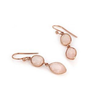 925 Sterling Silver earrings rose gold plated with two stones of rose quartz in oval and navette shape - 