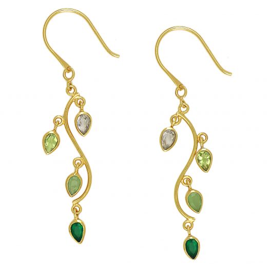 Handmade silver earrings gold plated with green amethyst, peridot, green onyx and prenite stones