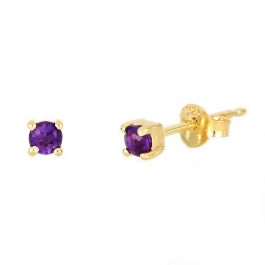 925 Sterling Silver earrings gold plated with round Amethyst 3mm