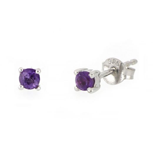 925 Sterling Silver earrings rhodium plated with round Amethyst 3mm
