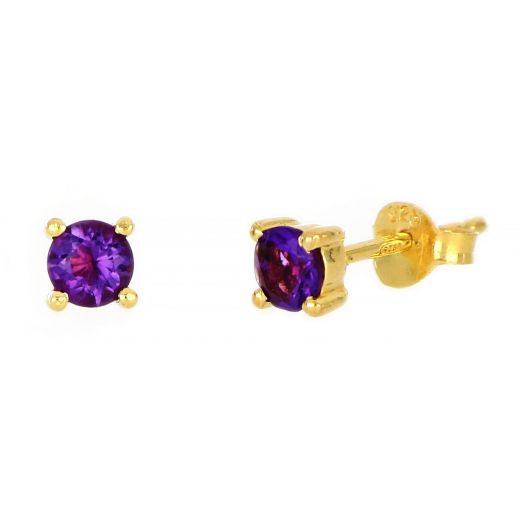 925 Sterling Silver earrings gold plated with round Amethyst 4mm