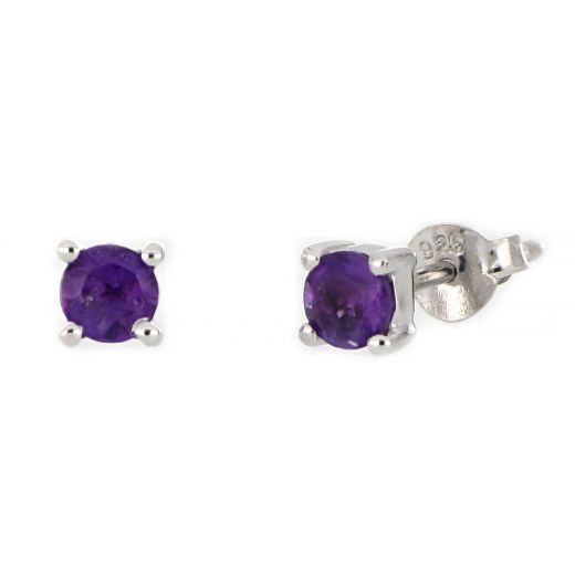 925 Sterling Silver earrings rhodium plated with round Amethyst 4mm