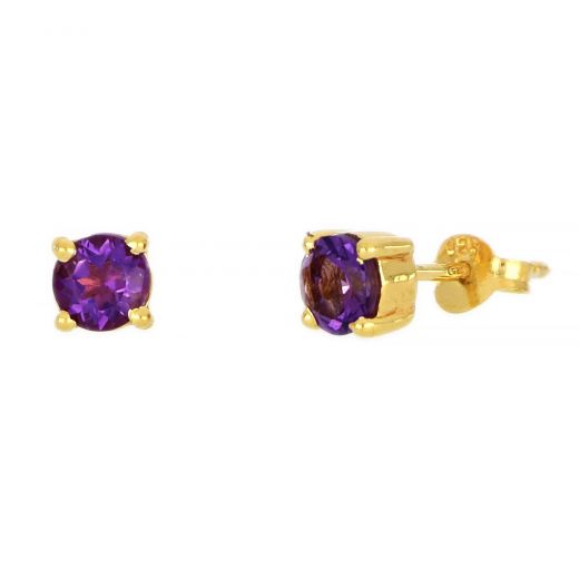 925 Sterling Silver earrings gold plated with round Amethyst 5mm