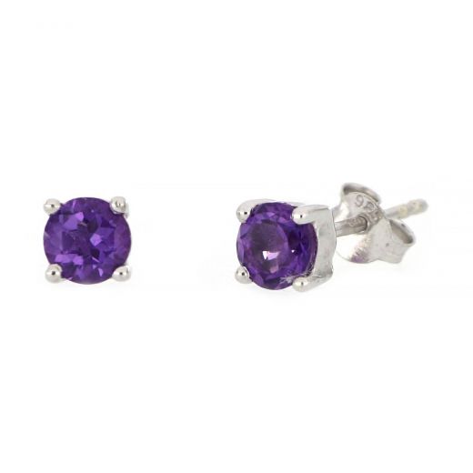 925 Sterling Silver earrings rhodium plated with round Amethyst 5mm