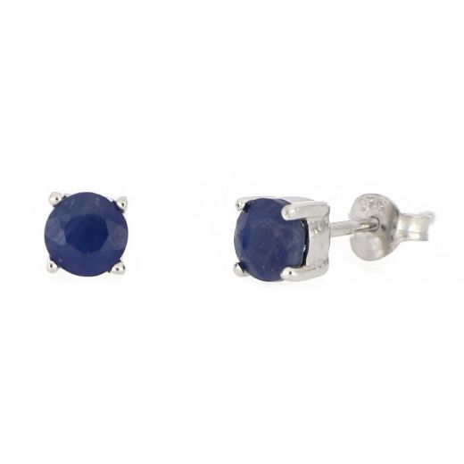 925 Sterling Silver earrings rhodium plated with round Sapphire 5mm