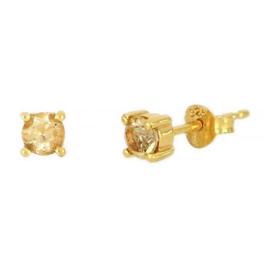 925 Sterling Silver earrings gold plated with round Citrine 4mm