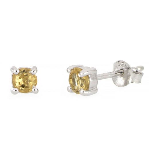 925 Sterling Silver earrings rhodium plated with round Citrine 4mm