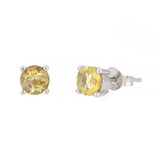 925 Sterling Silver earrings rhodium plated with round Citrine 5mm
