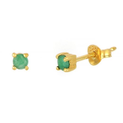 925 Sterling Silver earrings gold plated with round Emerald 3mm