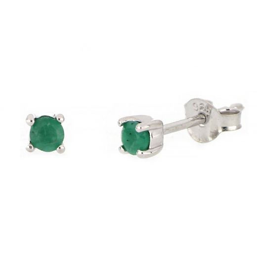 925 Sterling Silver earrings rhodium plated with round Emerald 3mm