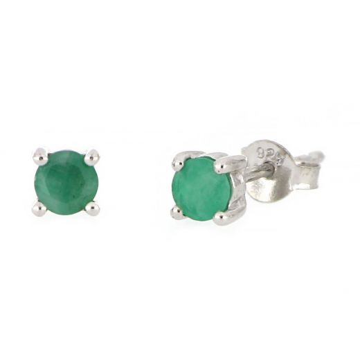 925 Sterling Silver earrings rhodium plated with round Emerald 4mm
