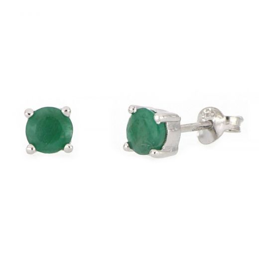 925 Sterling Silver earrings rhodium plated with round Emerald 5mm