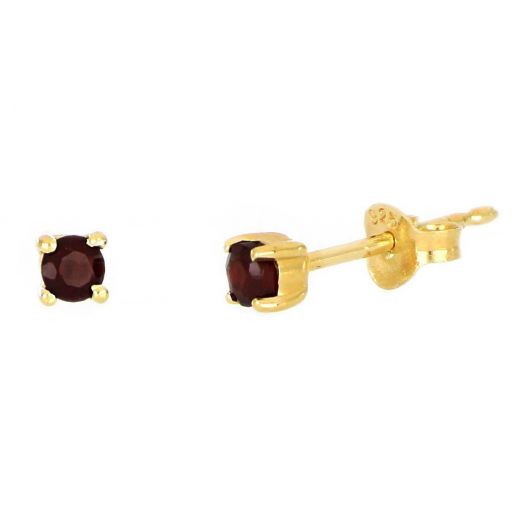 925 Sterling Silver earrings gold plated with round Garnet 3mm
