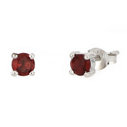 925 Sterling Silver earrings rhodium plated with round Garnet 4mm