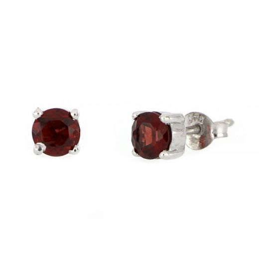 925 Sterling Silver earrings rhodium plated with round Garnet 5mm