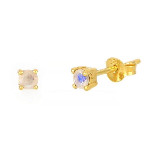 925 Sterling Silver earrings gold plated with round Rainbow Moonstone 3mm