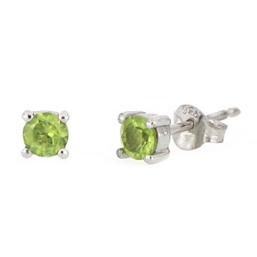 925 Sterling Silver earrings rhodium plated with round Peridot 4mm