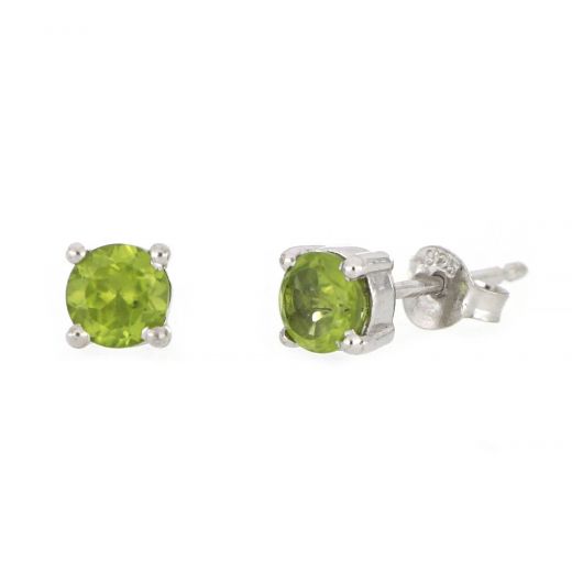 925 Sterling Silver earrings rhodium plated with round Peridot 5mm