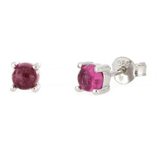 925 Sterling Silver earrings rhodium plated with round Rose Tourmaline 4mm