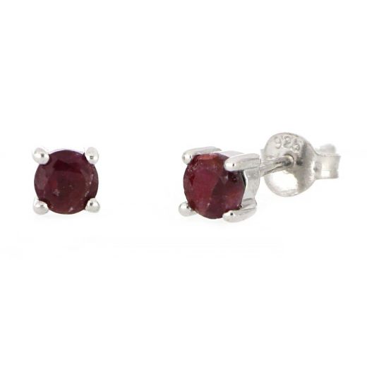 925 Sterling Silver earrings rhodium plated with round Ruby 4mm